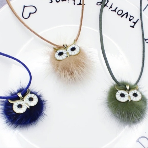 Real Fur Pom Pom Owl Long Necklace Suade - Picture 3 of 6